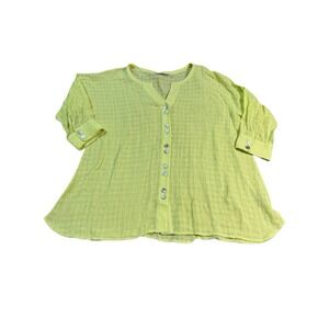 Soft Surroundings Gauze Yellow/Green Button Up Tunic Top Linen Cotton Size Small